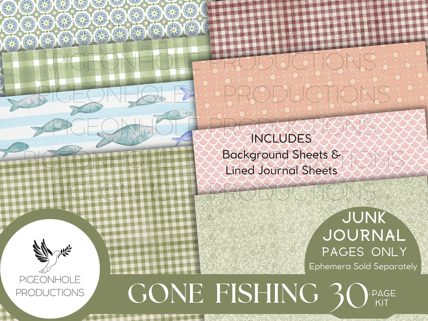 Gone Fishing Junk Journal Pages, PRINTABLE, 30 collaged, lined, unlined journal pages for scrapbooking, card making, paper crafts, beautiful