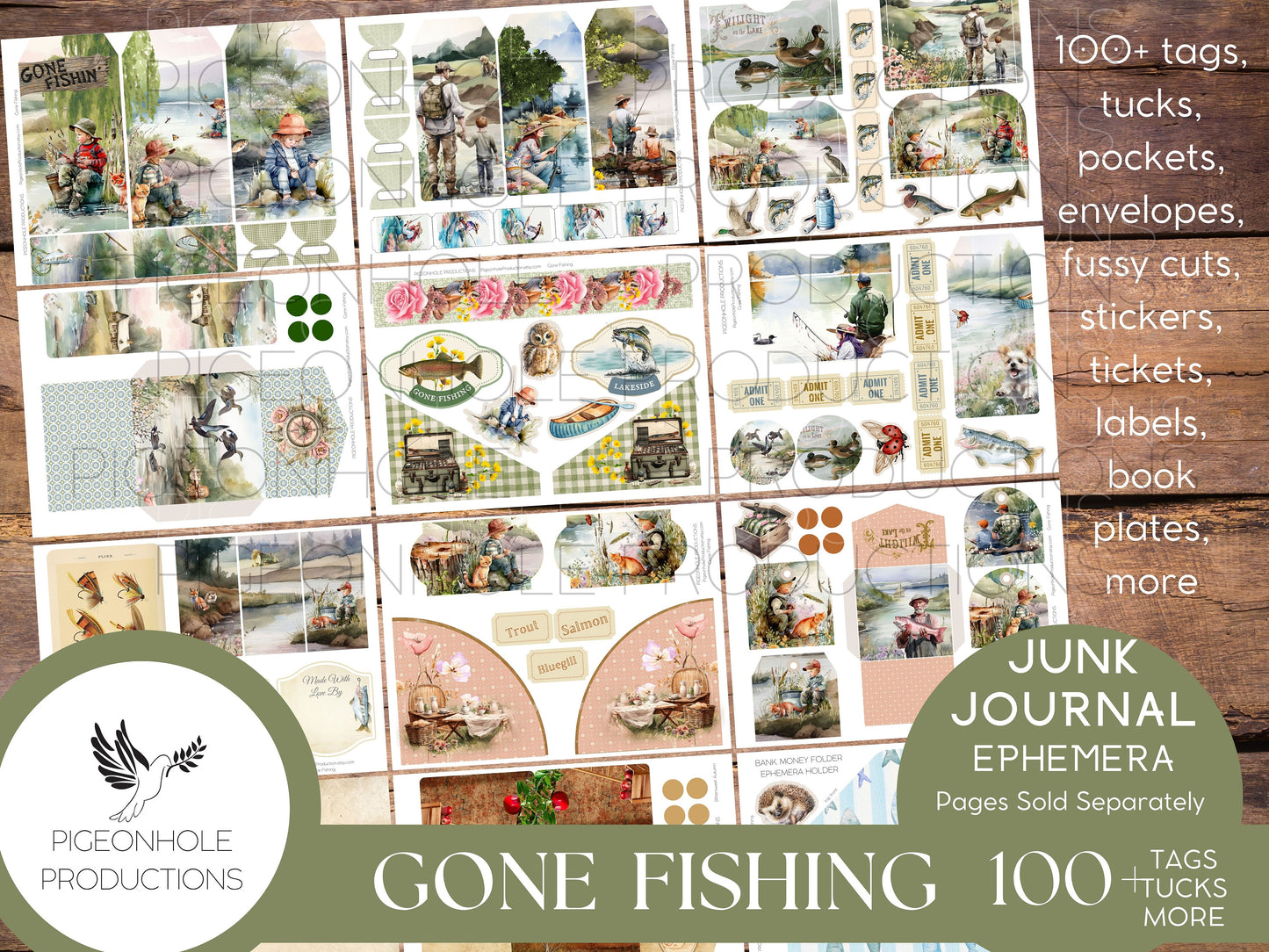 Gone Fishing Junk Journal EPHEMERA, PRINTABLE, 90+ tags, tucks, pockets, envelopes, fussy cuts, stickers, tickets, labels, bookplates