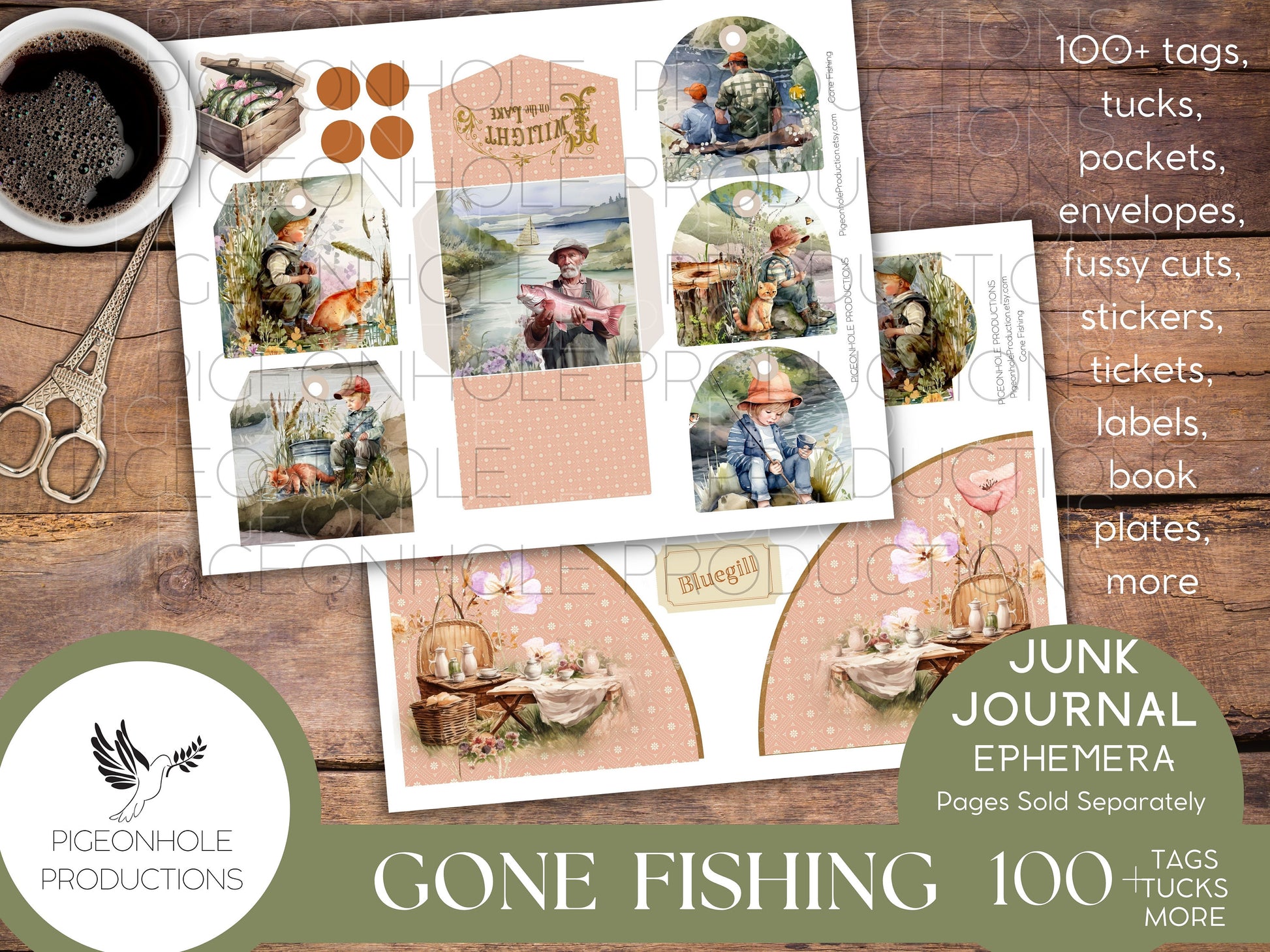 Gone Fishing Junk Journal EPHEMERA, PRINTABLE, 90+ tags, tucks, pockets, envelopes, fussy cuts, stickers, tickets, labels, bookplates