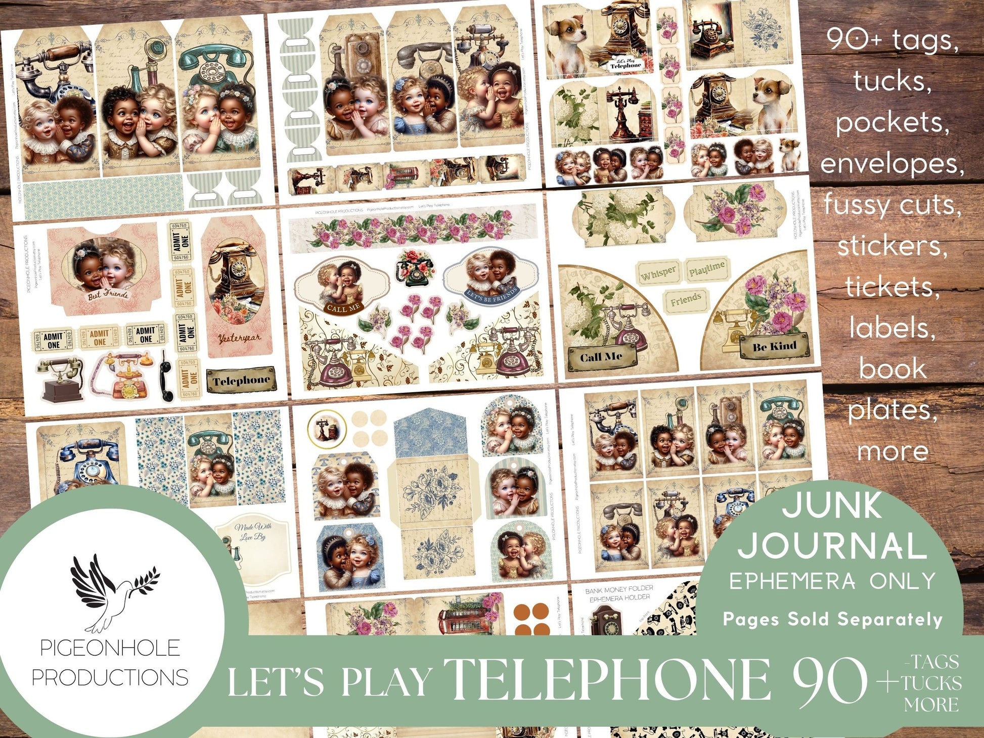 Let's Play Telephone Junk Journal EPHEMERA, PRINTABLE, 90+ tags, tucks, pockets, envelopes, fussy cuts, tickets, labels, bookplates, SWEET!