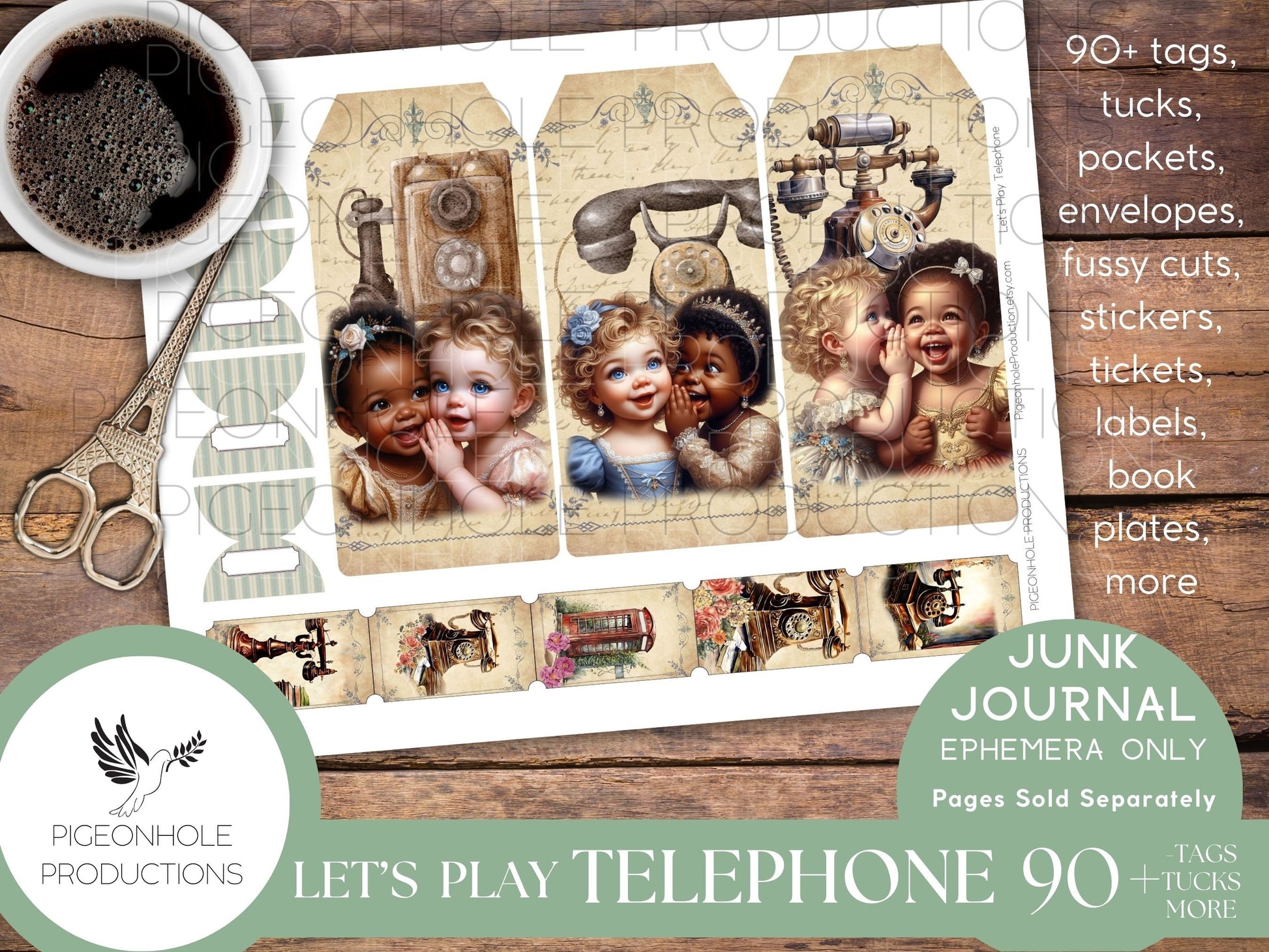 Let's Play Telephone Junk Journal EPHEMERA, PRINTABLE, 90+ tags, tucks, pockets, envelopes, fussy cuts, tickets, labels, bookplates, SWEET!