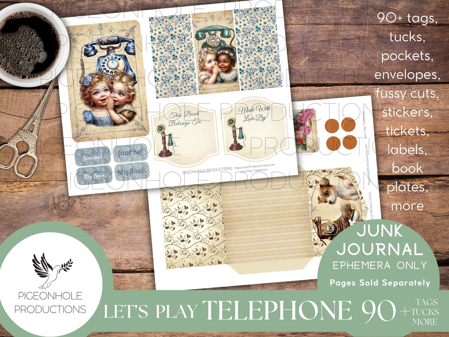 Let's Play Telephone Junk Journal EPHEMERA, PRINTABLE, 90+ tags, tucks, pockets, envelopes, fussy cuts, tickets, labels, bookplates, SWEET!