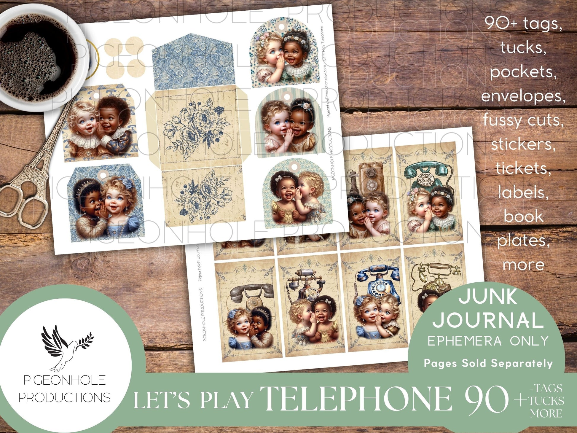 Let's Play Telephone Junk Journal EPHEMERA, PRINTABLE, 90+ tags, tucks, pockets, envelopes, fussy cuts, tickets, labels, bookplates, SWEET!