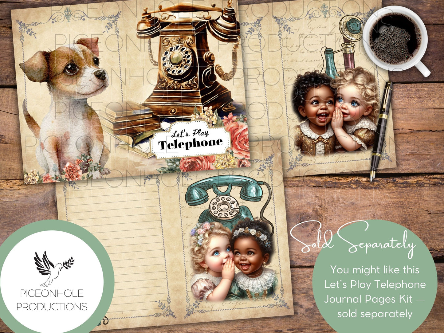 Let's Play Telephone Junk Journal EPHEMERA, PRINTABLE, 90+ tags, tucks, pockets, envelopes, fussy cuts, tickets, labels, bookplates, SWEET!