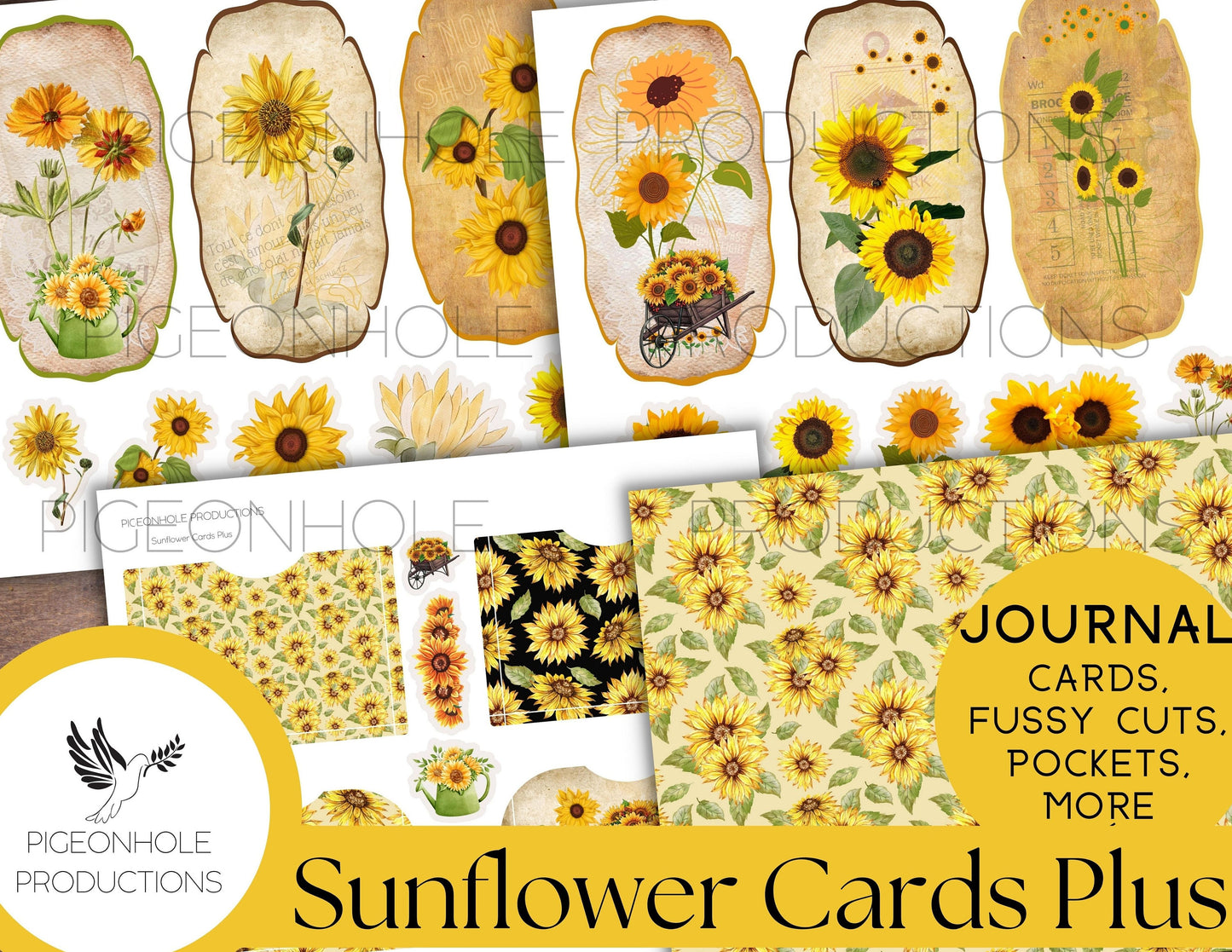 Honey Bee Sunflower Junk Journal Ephemera BUNDLE, includes 5 kits of tags, tucks, pockets, labels, fussy cuts, envelopes, papers, more!