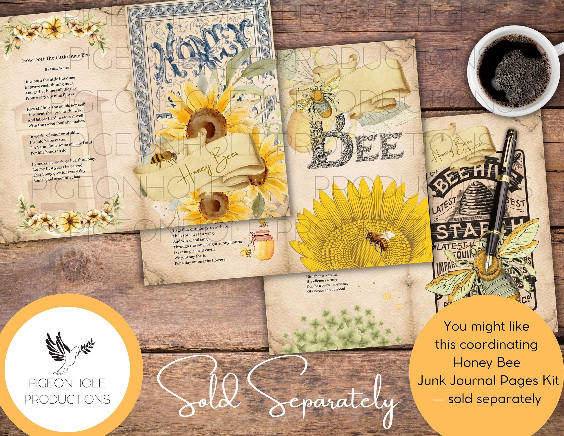 Honey Bee Sunflower Junk Journal Ephemera BUNDLE, includes 5 kits of tags, tucks, pockets, labels, fussy cuts, envelopes, papers, more!