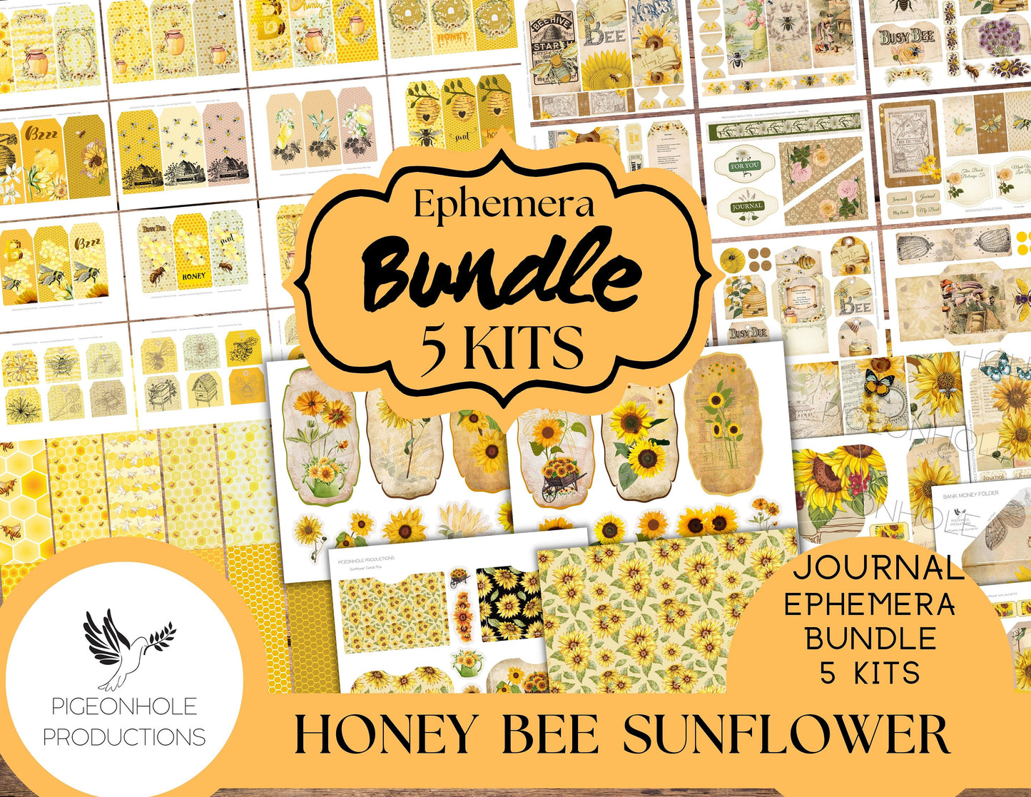 Honey Bee Sunflower Junk Journal Ephemera BUNDLE, includes 5 kits of tags, tucks, pockets, labels, fussy cuts, envelopes, papers, more!