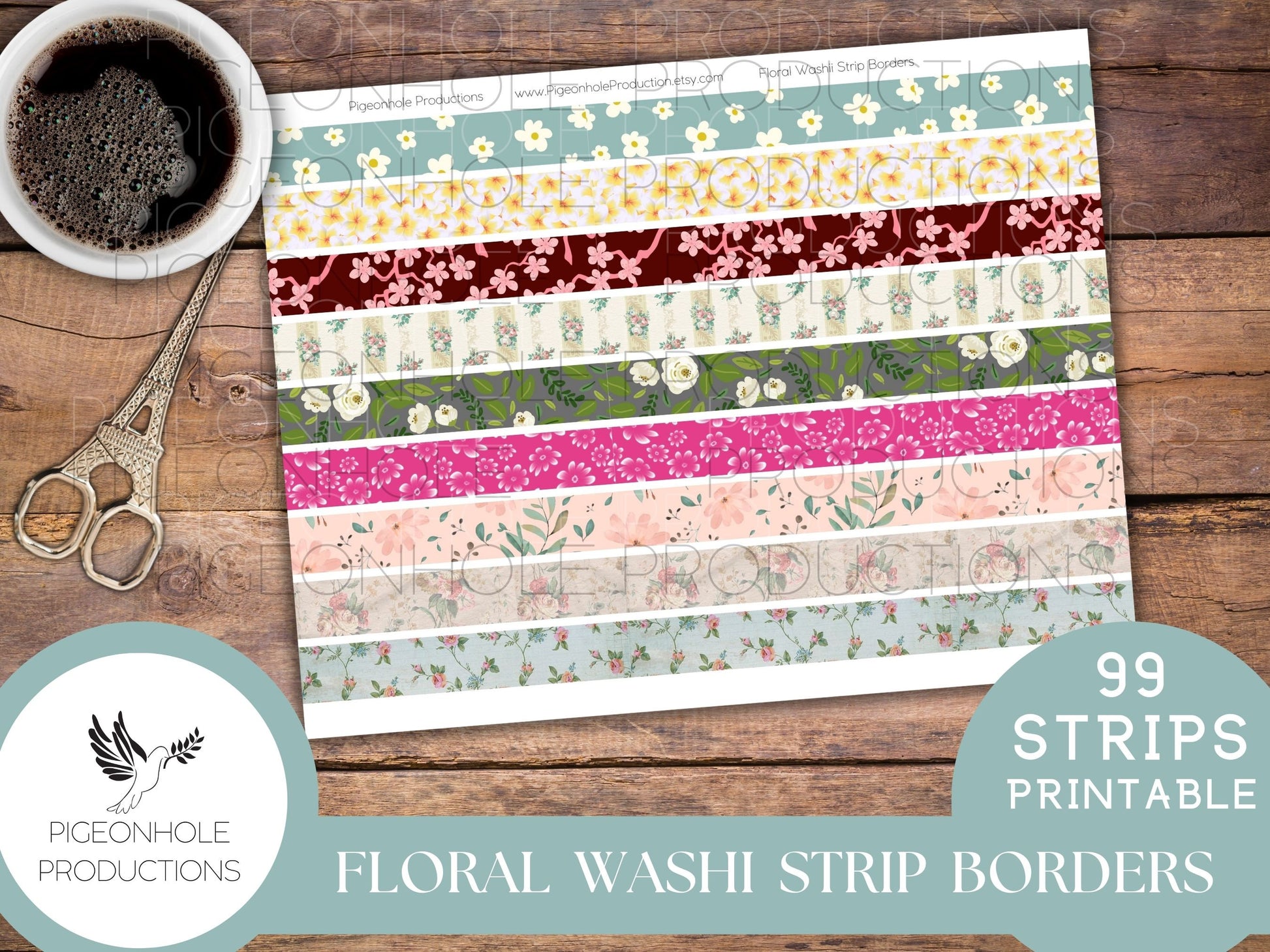 Floral Washi Strip Borders, PRINTABLE, 99 different strips, for junk journals and other paper crafting, you download and print, HAVE FUN!