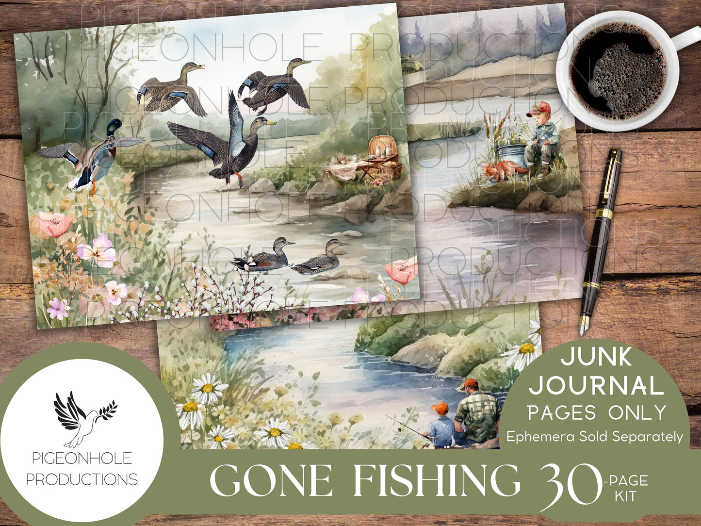 Gone Fishing Junk Journal Pages, PRINTABLE, 30 collaged, lined, unlined journal pages for scrapbooking, card making, paper crafts, beautiful