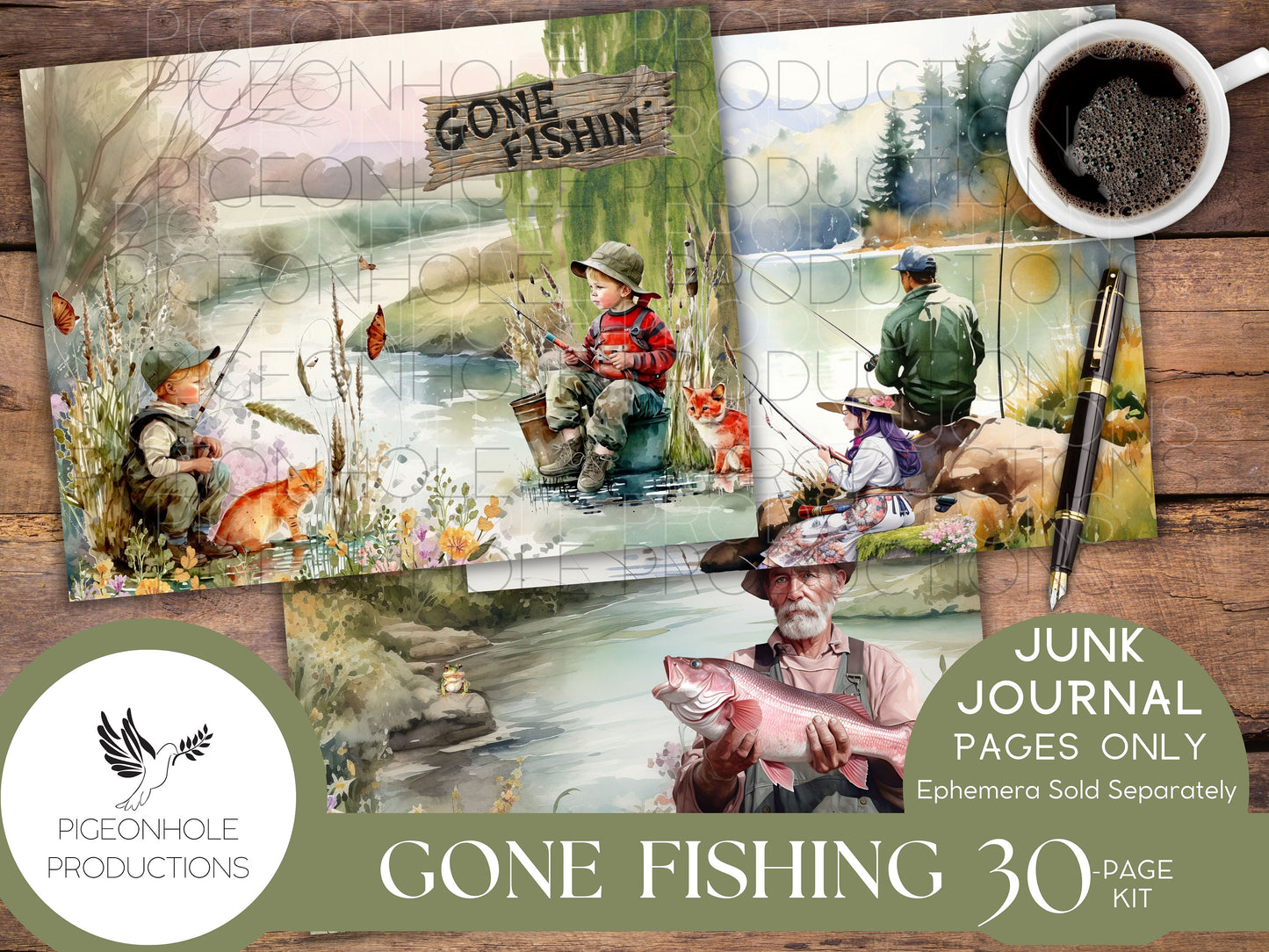 Gone Fishing Junk Journal Pages, PRINTABLE, 30 collaged, lined, unlined journal pages for scrapbooking, card making, paper crafts, beautiful