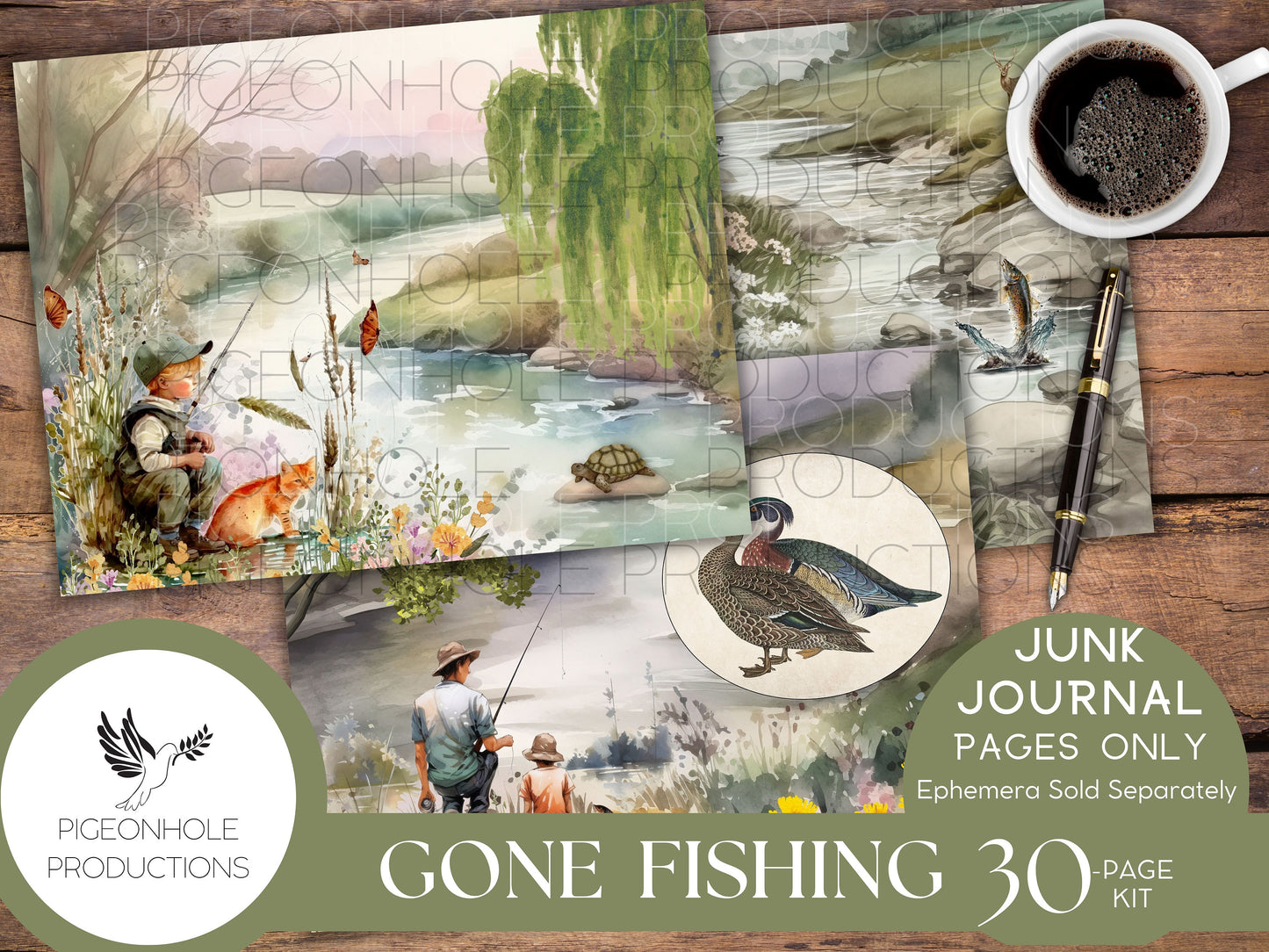 Gone Fishing Junk Journal Pages, PRINTABLE, 30 collaged, lined, unlined journal pages for scrapbooking, card making, paper crafts, beautiful