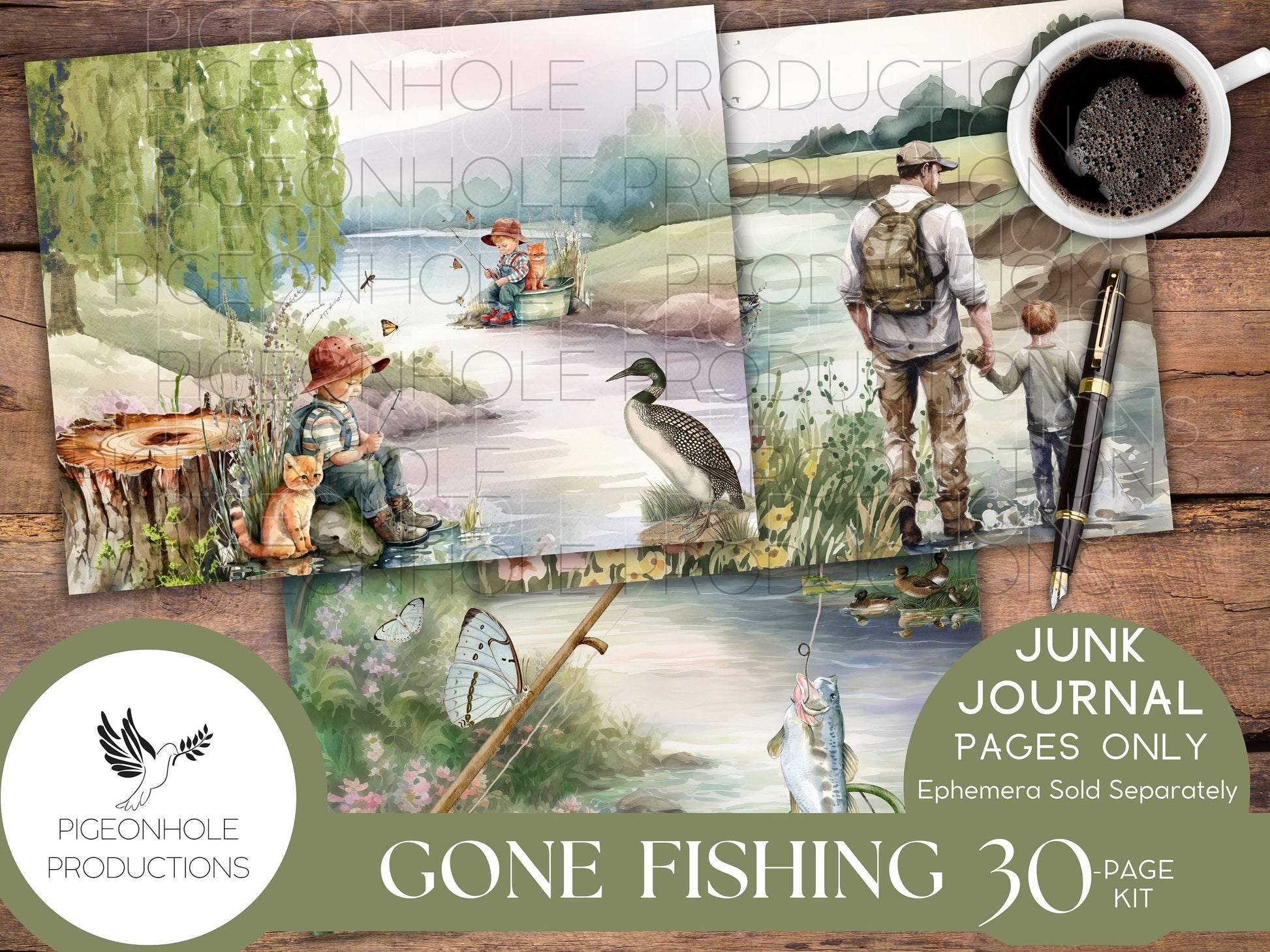 Gone Fishing Junk Journal Pages, PRINTABLE, 30 collaged, lined, unlined journal pages for scrapbooking, card making, paper crafts, beautiful