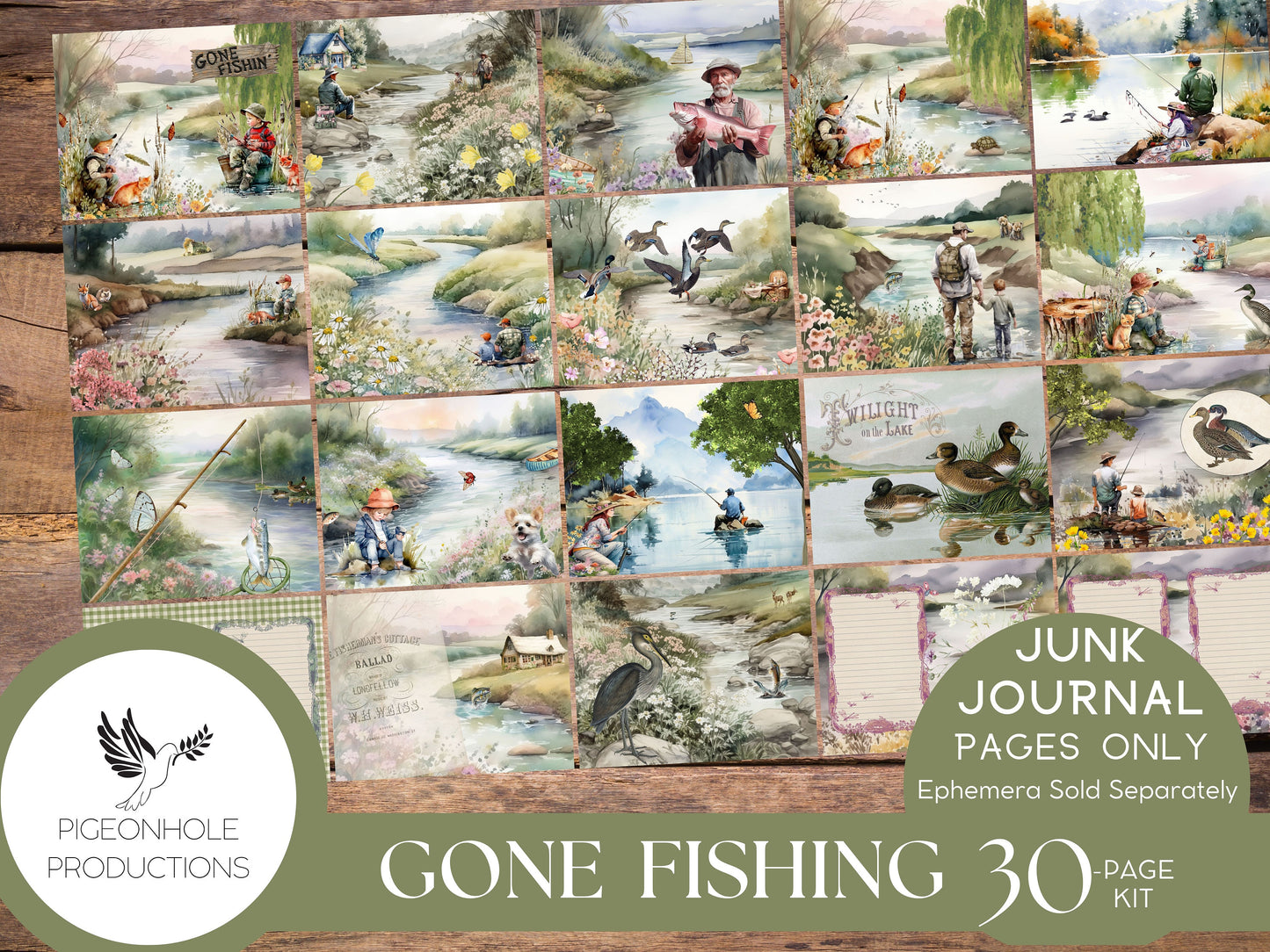 Gone Fishing Junk Journal Pages, PRINTABLE, 30 collaged, lined, unlined journal pages for scrapbooking, card making, paper crafts, beautiful