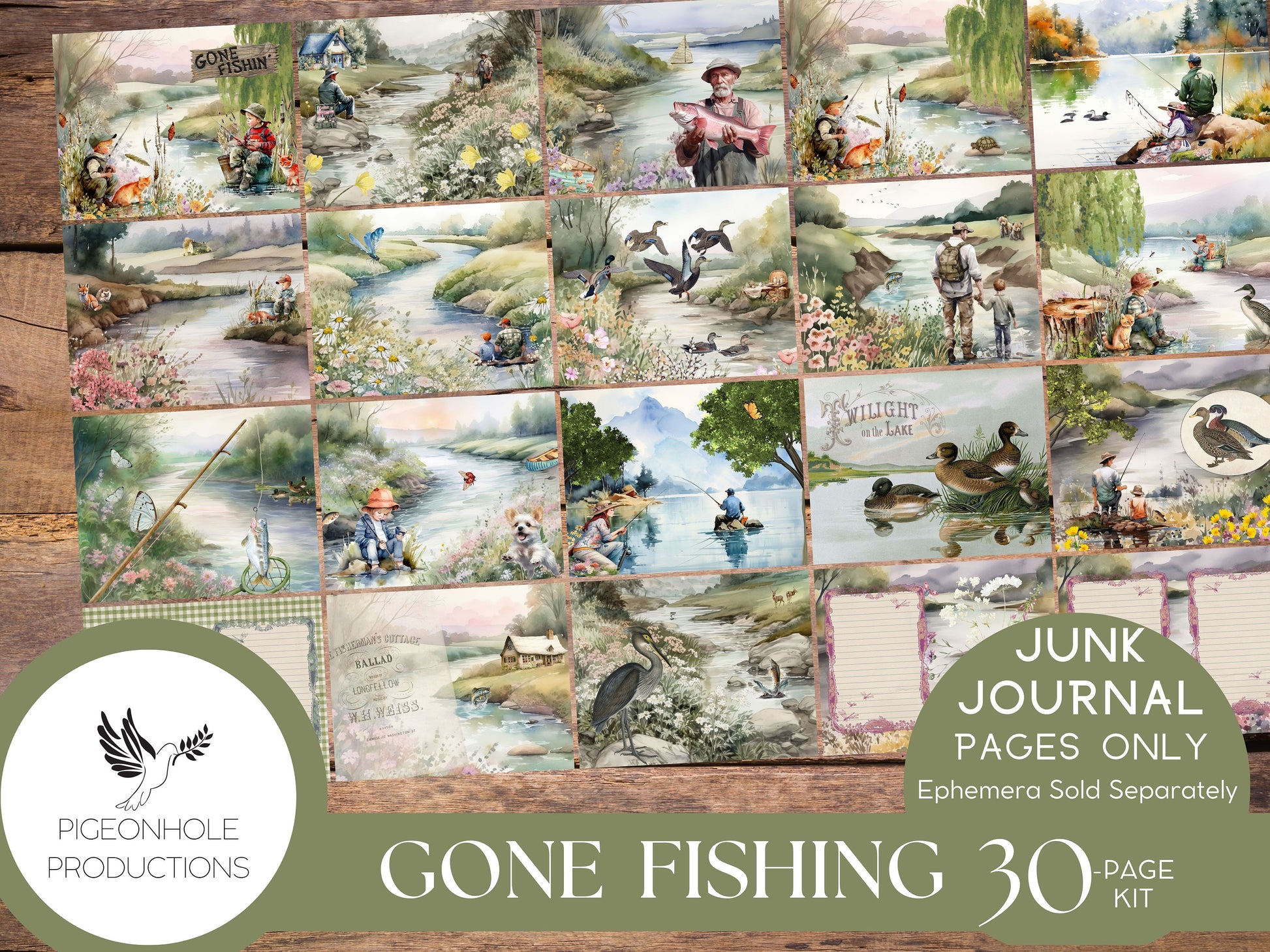 Gone Fishing Junk Journal Pages, PRINTABLE, 30 collaged, lined, unlined journal pages for scrapbooking, card making, paper crafts, beautiful