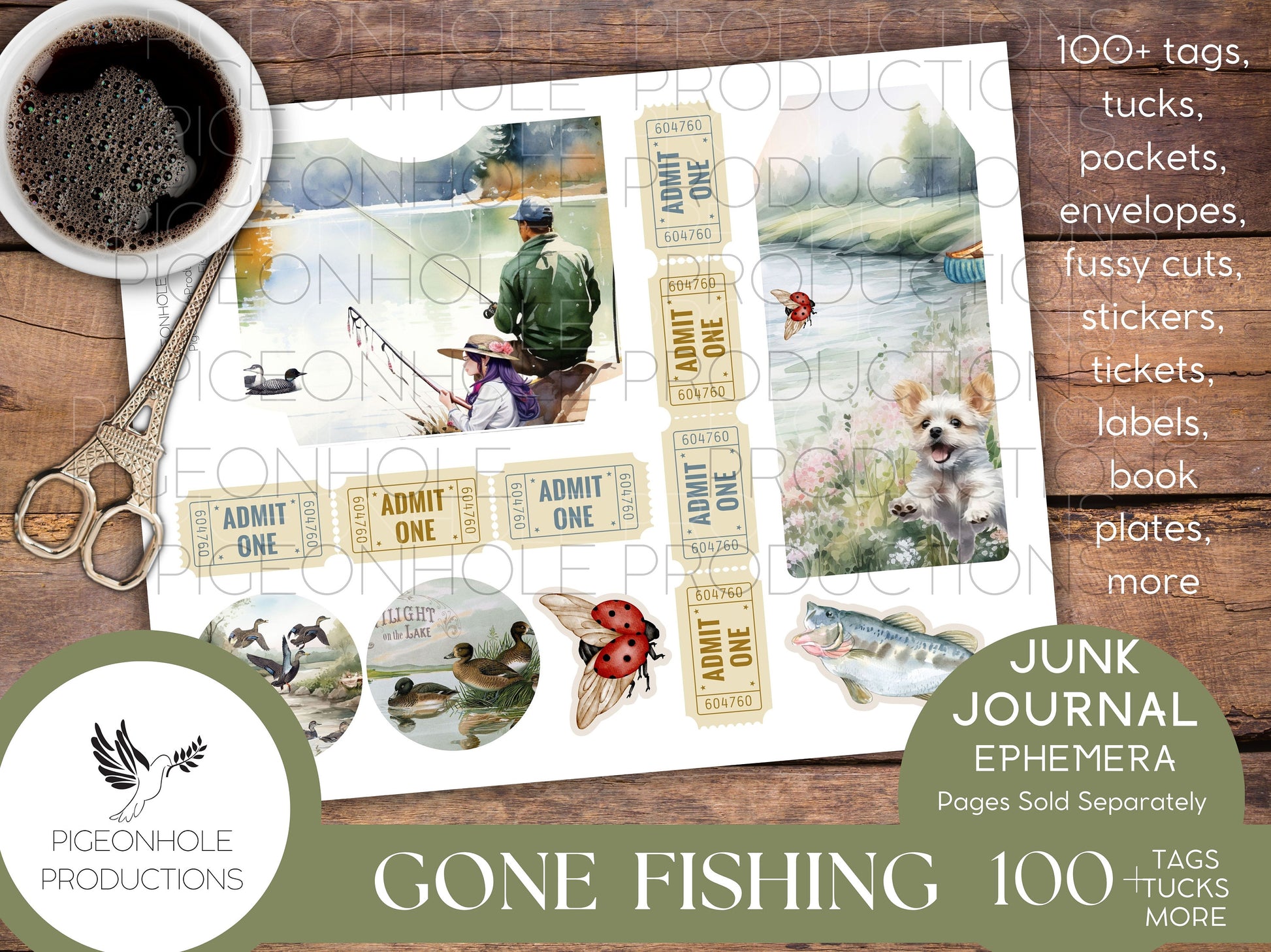 Gone Fishing Junk Journal EPHEMERA, PRINTABLE, 90+ tags, tucks, pockets, envelopes, fussy cuts, stickers, tickets, labels, bookplates