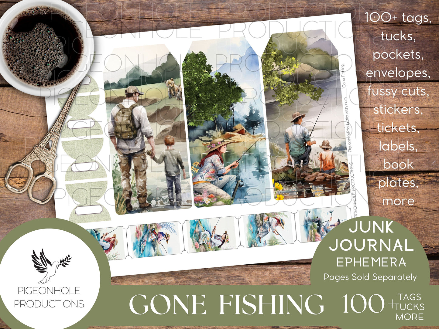 Gone Fishing Junk Journal EPHEMERA, PRINTABLE, 90+ tags, tucks, pockets, envelopes, fussy cuts, stickers, tickets, labels, bookplates