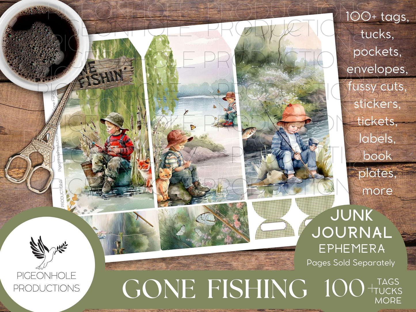 Gone Fishing Junk Journal EPHEMERA, PRINTABLE, 90+ tags, tucks, pockets, envelopes, fussy cuts, stickers, tickets, labels, bookplates