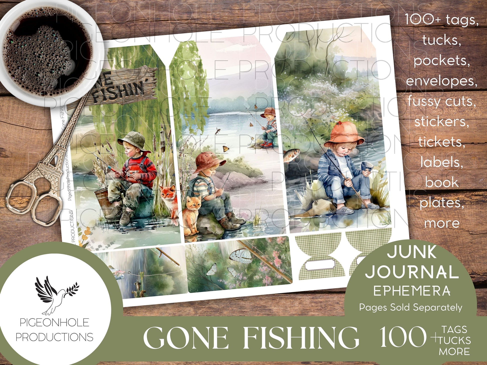 Gone Fishing Junk Journal EPHEMERA, PRINTABLE, 90+ tags, tucks, pockets, envelopes, fussy cuts, stickers, tickets, labels, bookplates