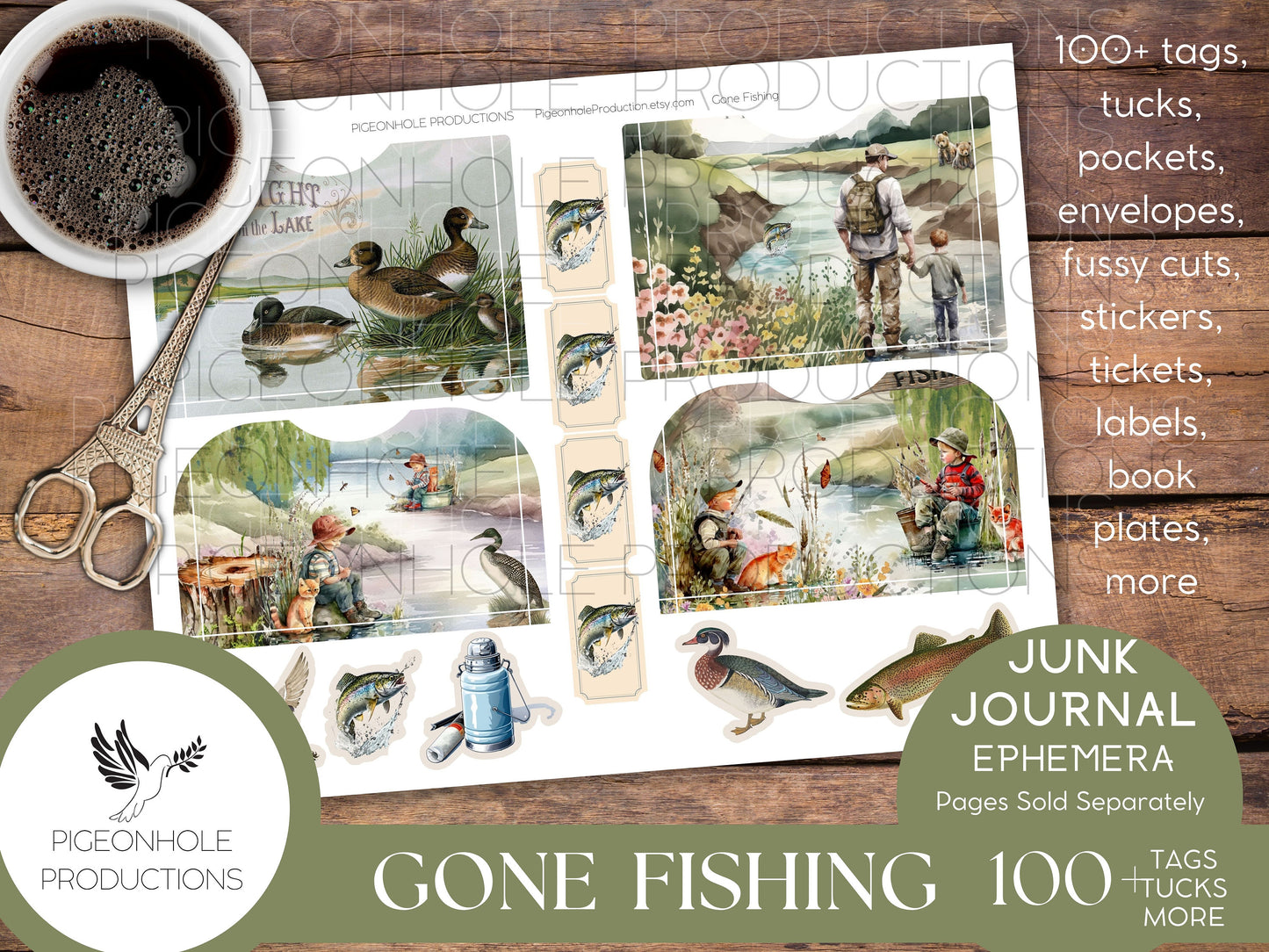 Gone Fishing Junk Journal EPHEMERA, PRINTABLE, 90+ tags, tucks, pockets, envelopes, fussy cuts, stickers, tickets, labels, bookplates