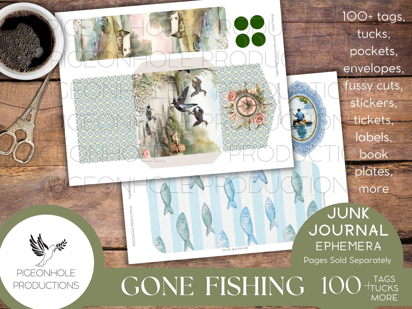 Gone Fishing Junk Journal EPHEMERA, PRINTABLE, 90+ tags, tucks, pockets, envelopes, fussy cuts, stickers, tickets, labels, bookplates