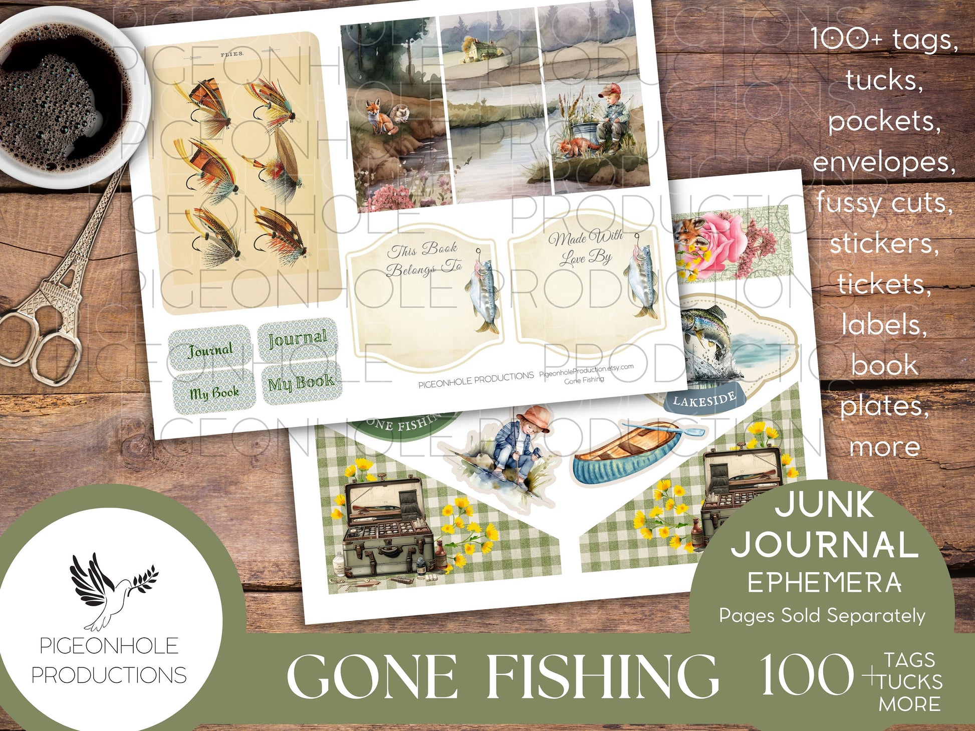 Gone Fishing Junk Journal EPHEMERA, PRINTABLE, 90+ tags, tucks, pockets, envelopes, fussy cuts, stickers, tickets, labels, bookplates