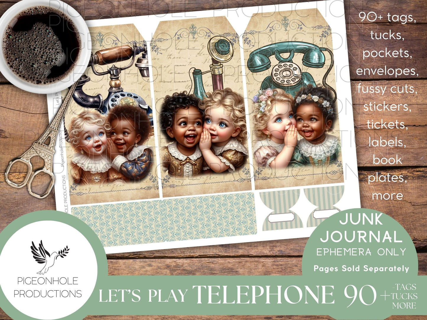 Let's Play Telephone Junk Journal EPHEMERA, PRINTABLE, 90+ tags, tucks, pockets, envelopes, fussy cuts, tickets, labels, bookplates, SWEET!