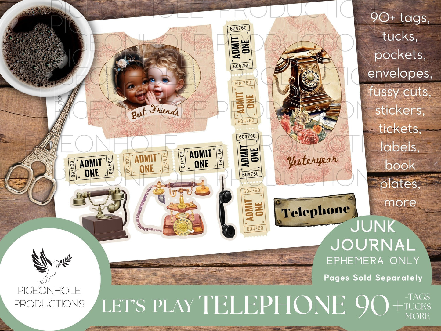 Let's Play Telephone Junk Journal EPHEMERA, PRINTABLE, 90+ tags, tucks, pockets, envelopes, fussy cuts, tickets, labels, bookplates, SWEET!