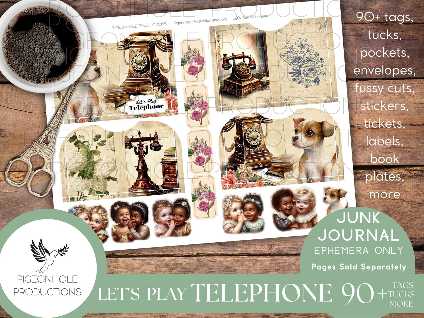 Let's Play Telephone Junk Journal EPHEMERA, PRINTABLE, 90+ tags, tucks, pockets, envelopes, fussy cuts, tickets, labels, bookplates, SWEET!