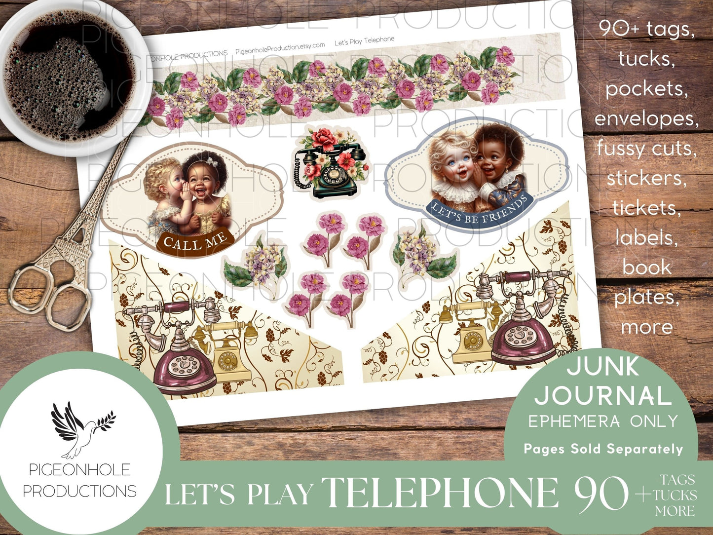 Let's Play Telephone Junk Journal EPHEMERA, PRINTABLE, 90+ tags, tucks, pockets, envelopes, fussy cuts, tickets, labels, bookplates, SWEET!